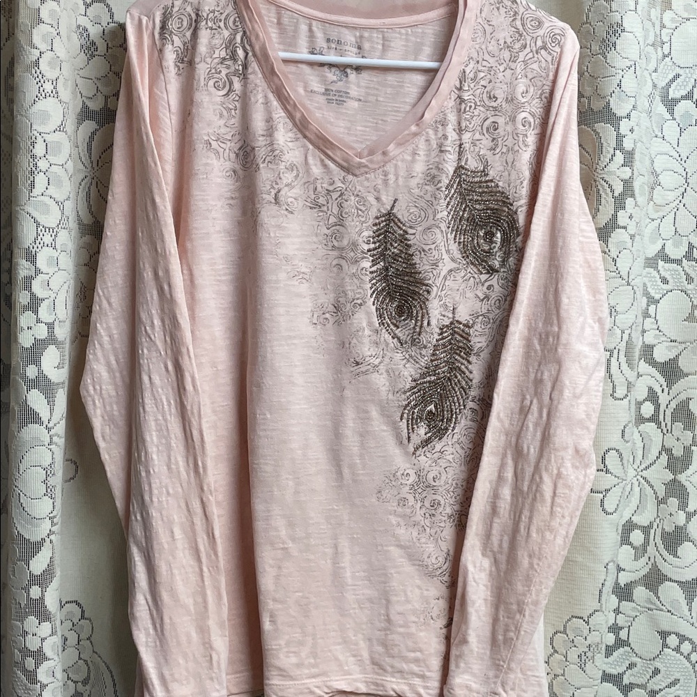Sonoma Light Peach Long Sleeve Top with Feather Design